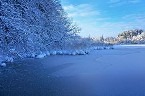 Winter landscape, snowy forest at Frozen Lake
