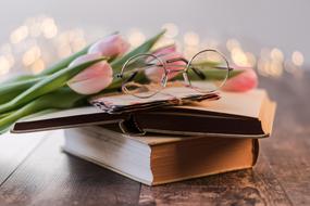 Tulips on stack of old books at Bokeh Background