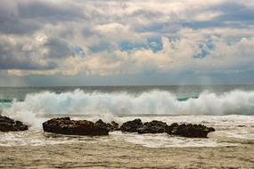 dramatic sky above sea wave on the coast