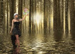 fantastic clipart of a girl in a pond in a forest