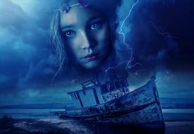 Portrait of the girl in the cloudy sky with the lightning, above the ship on the shore with the storm, clipart