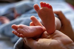 Parent holding cute and beautiful, small feet of the baby
