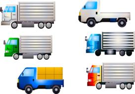 drawn six colorful trucks on a white background