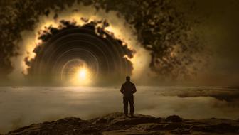 Fantasy atmospheric phenomenon, male silhouette in front of magic mist
