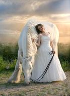 beautiful girl in a long white dress near a white horse