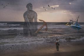 giant man with anchor and wrecked ship in ocean, collage