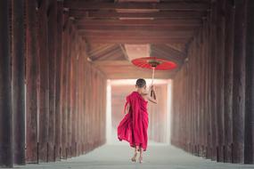 Back view of the Buddhist monk boy in red robe and with red umbrella, walking in the monastery in Myanmar