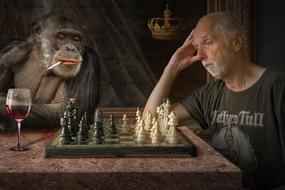 a man and a monkey playing chess