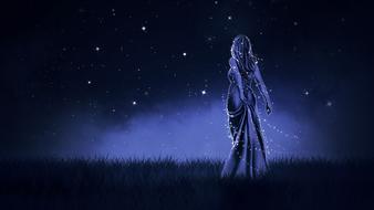 fantastic silhouette of a girl in a beautiful dress on a background of the starry sky