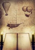 Beautiful and vintage drawing of the inventions and book