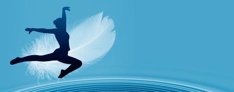 silhouette of a ballerina and white feather on a blue background