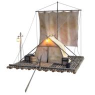 photo of a wooden raft with a camping tent on a white background