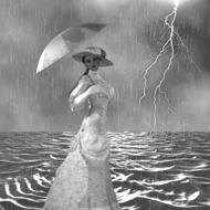 girl in a vintage dress with an umbrella on a background of lightning