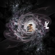 image of a girl in a flower swirl and a white dove
