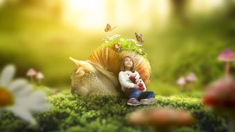 mystical image of a little girl and a giant snail on a green moss
