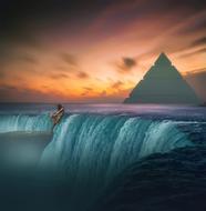 Beautiful and colorful landscape with the girl, sitting on the waterfall, near the pyramid, at colorful sunset