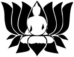buddha meditating at lotus flower, silhouette, black and white