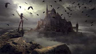 Girl, standing on the rocks, near the flying birds, near the castle, among the clouds, clipart