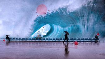 surreal picture of people on the background of a big wave