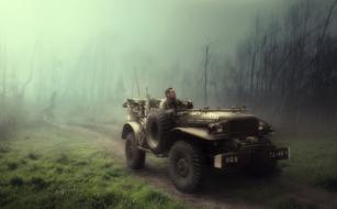 man riding vintage Car on soil road in mist, collage