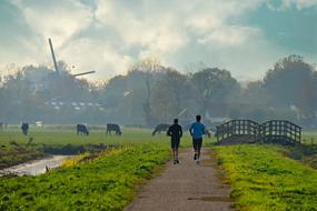 people run to a wooden bridge in the countryside in the Netherlands