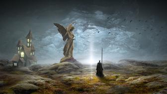 man walking in dark Mystical Landscape, Fairy tale collage