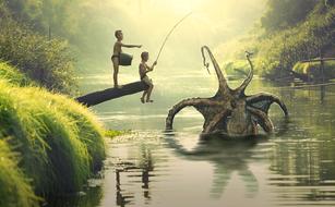 boys on a fabulous fishing on the lake