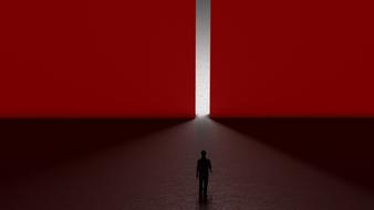 Silhouette of a person, walking on the beautiful path, among the darkness, at red background, on digital art