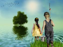 computer image of a girl and boy going fishing on the lake