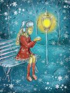 Colorful illustration with the girl sitting on the bench next to the lantern in winter