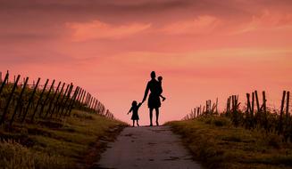 silhouette of a woman with two children in pink twilight