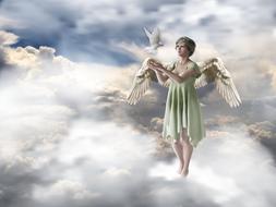 Angel in green dress, with white bird, flying among the white clouds