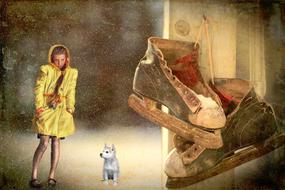 old skates on the background of a girl with a dog