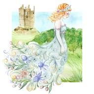 fantasy scene, princess in floral dress walking on meadow in view of castle, drawing