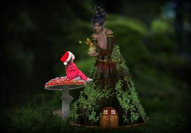 mystical image of a girl on a fly agaric and a forest fairy