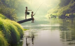 Children Asia Boys on laked