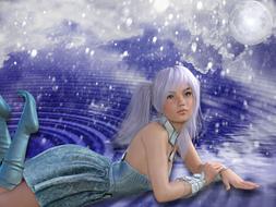 young blonde girl lays on clouds, fairy tale collage