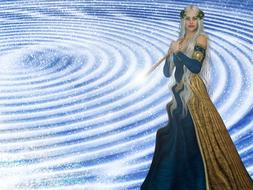 Girl in blue and golden dress at background with white and violet waves