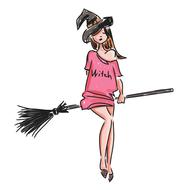 cartoon girl in witch hat sits on broom