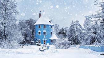 blue fairy house in winter, finland, amusement park