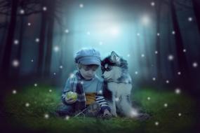 photo of a little boy and a husky puppy in a fairy forest