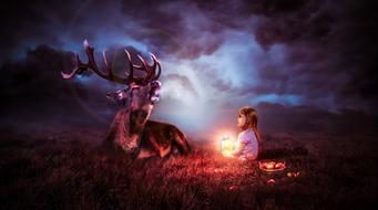 Night Sky Deer and child
