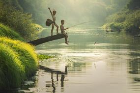 Asia Boys river fishing