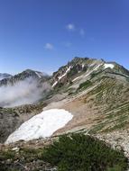 Beautiful landscape of the snowy Yatsugatake mountains, at blue sky with white clouds in Japan