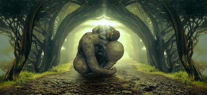 Fantasy collage, bending male Figure with sleeping baby on back beneath Trees