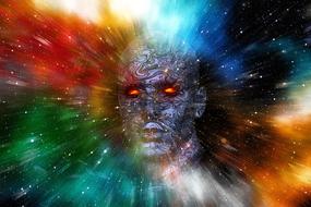 head of man with glow eyes in galaxy, fantasy, digital art