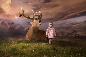 Deer Antlers Animal and girl drawing