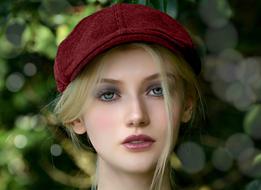 photo portrait of a blonde in a burgundy cap