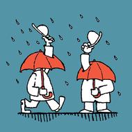 two gentlemen greeting through umbrellas on rainy weather