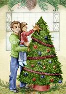 painted dad with daughter decorate the christmas tree